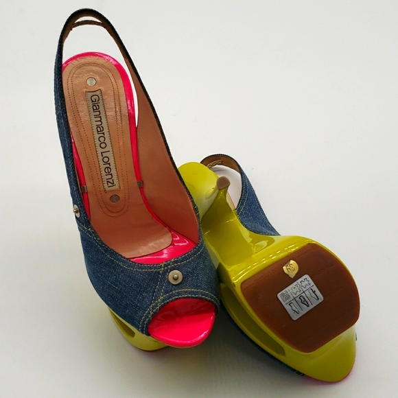 GIANMARCO LORENZI SIZE 39 COLOR BLUE JEANS MATIREAL HOT PINK AND LIME GREEN - Picture 8 of 12